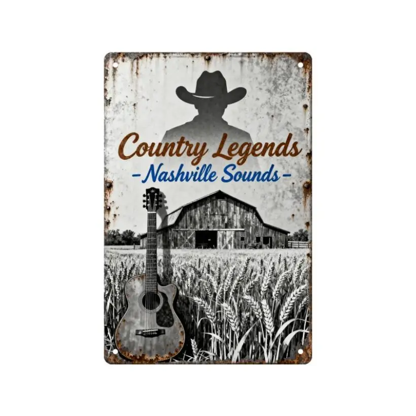 Aluminum Wall Art 12x8 Inch Country Guitar and Cowboy Hat Silhouette Plaque for Home Decor Living Room Dining Room Bar Gift