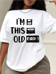 Women's Oversized Cotton Short-Sleeve Round Neck T-Shirt - Funny Retro "I'm This Old" Design with Vintage Cassette, Floppy Disk, VHS, 90s Throwback, Casual Fabric, Great Gift for Holiday Parties