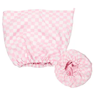 Thickened three-layer waterproof shower cap, adjustable tightness, stylish plaid design for skin and hair care