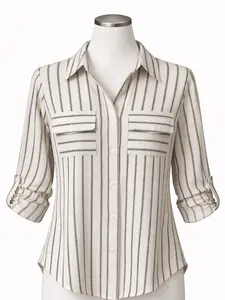 Striped Button-Up Blouse with Roll Sleeve Detail (Cream & Black)