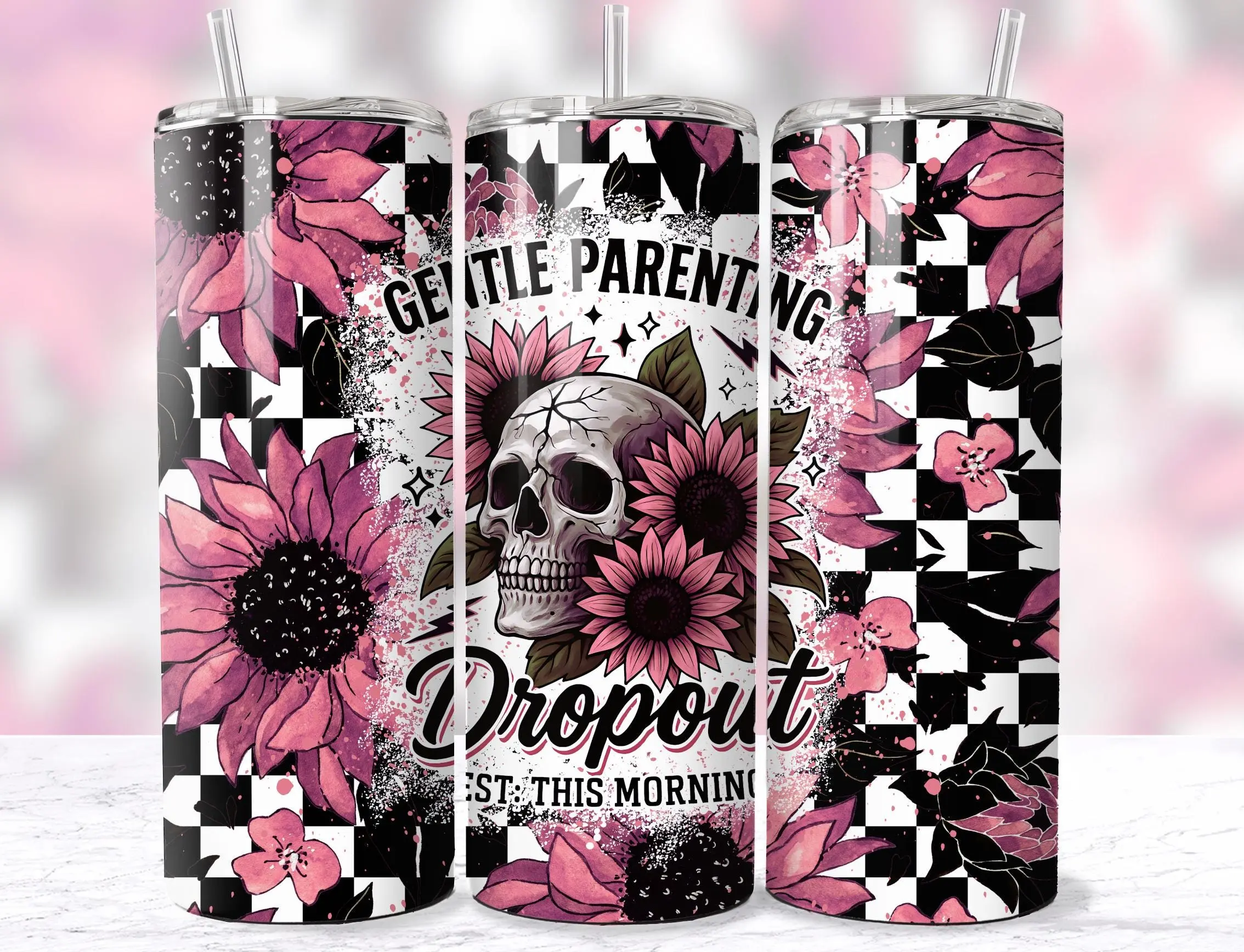 Gentle Parenting Dropout Tumbler Wrap, Funny Mom Sarcastic Mama Skeleton Retro Trendy Skull Cool 20oz Skinny Tumbler Sublimation Design