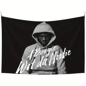 A Boogie Wit Da Hoodie Rapper Tapestry - Black polyester wall art with white lettering, peach skin fabric, bedroom and living room decor, landscape orientation
