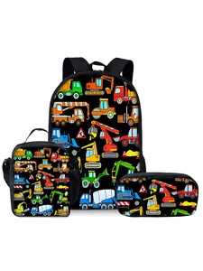 Truck pattern printed 17-inch backpack three-piece set (single-layer backpack + shoulder strap lunch bag + single-layer pencil bag)