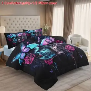 Gothic Blue Skull Flower Print Quilt Set, Bohemian Sketch Style, Suitable for All Seasons, Dark Theme (quilt + Pillowcase)
