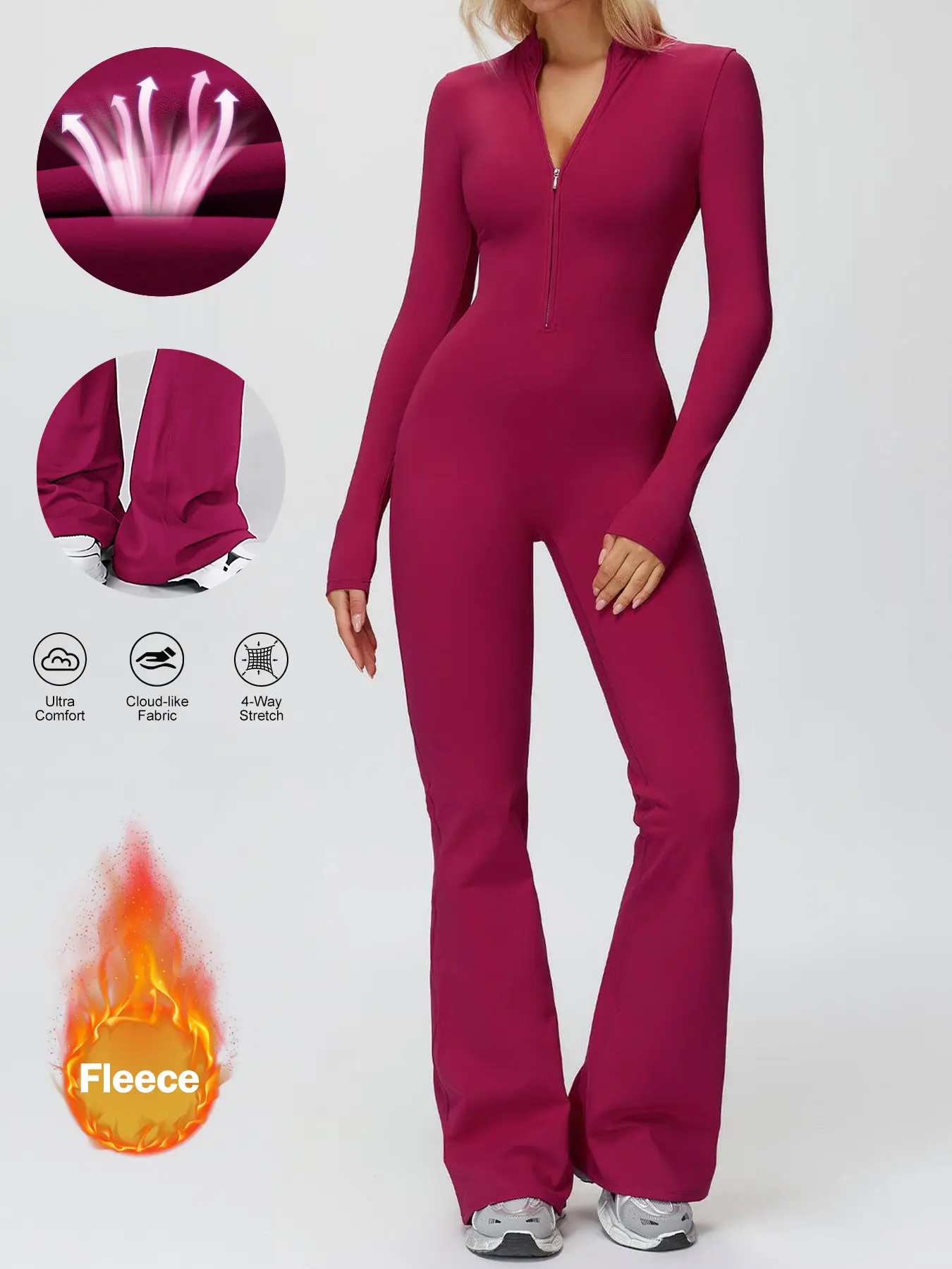 Women's One-Piece Stand-Up Collar Thermal Yoga Jumpsuit, Yoga Workout Jumpsuit Wide-Leg Running Fitness Wear Zip-Up Fitness Tights Long-Sleeved Flared-Leg Tights Elasticity Athletic Jumpsuits