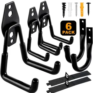 Garage Hooks Heavy Duty, Steel Utility Garage Storage Hook 6 Pack, Wall Mount Double Tool Hangers with Anti-Slip Coating for Hanging and Organizing Ladder Bike, Garden Tools, Bulk Items.