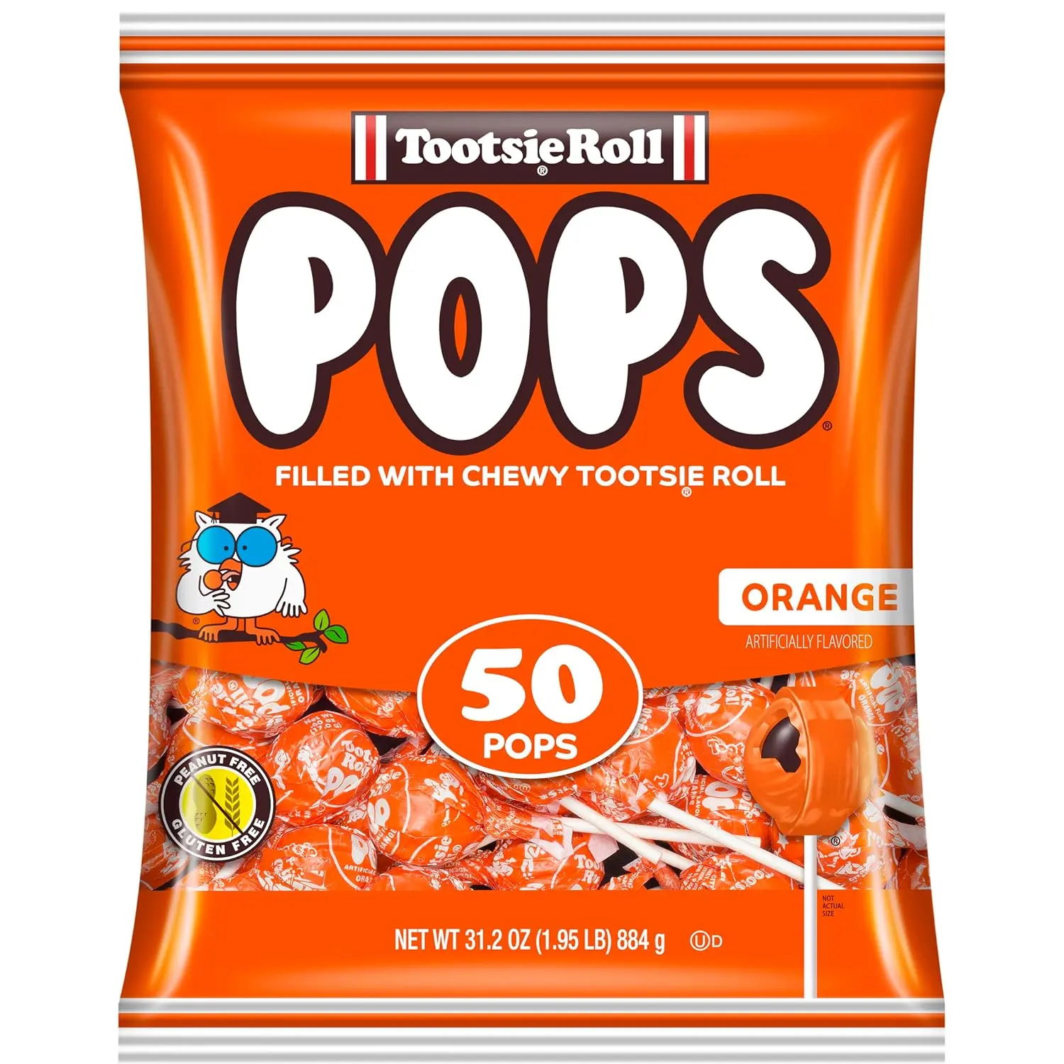 Tootsie Pops Orange Flavored Lollipops, 50 Count, 1.95lb (Pack of 1) | Single Flavor Bag, Chocolatey Center, Individually Wrapped Hard Candy, Peanut Free, Kosher, Gluten Free
