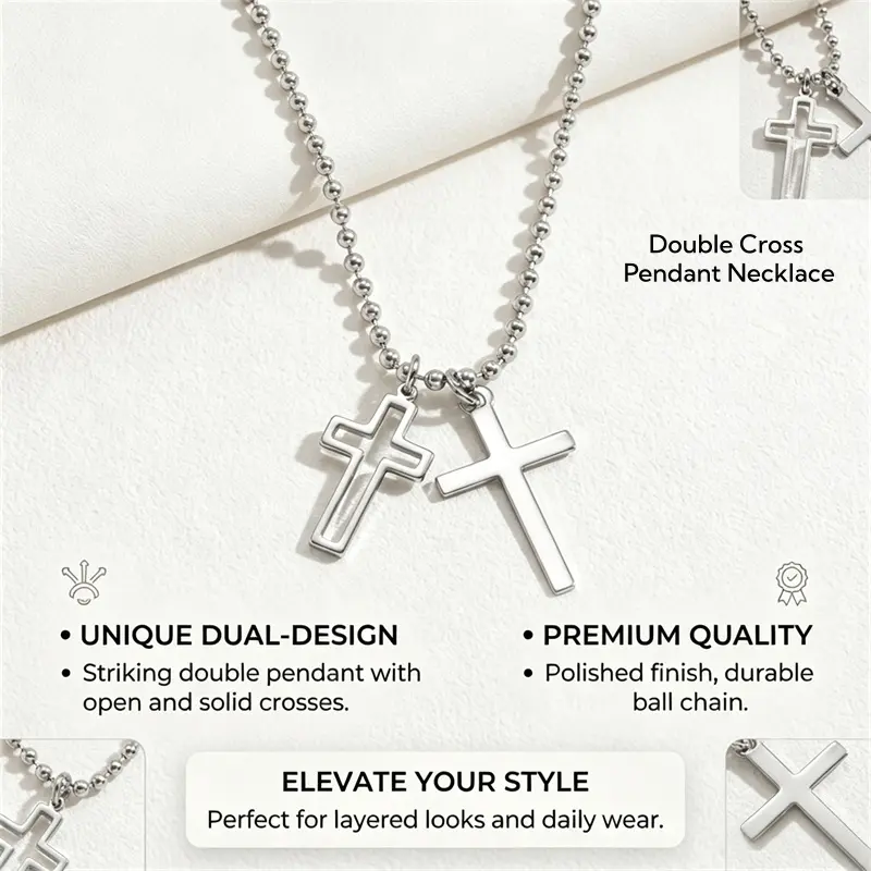 Gold Double Cross Pendant Necklace, Casual Faith-Inspired Stainless Steel Jewelry with Beads for Men & Women, Adjustable 44.2 + 5 cm, Christian Believers, Daily Wear, Adjustable Chain