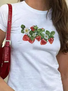 Women's Strawberry Print Round Neck Fitted Tee, Fashion Casual Crew Neck T-Shirt for Daily Holiday Vacation Outdoor Wear, Ladies Clothes for Summer