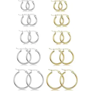 10 Pairs Stainless Steel Small Huggie Hoop Earrings for Women & Men, Gold & Silver Tone Tiny Round Hoop Earrings Set