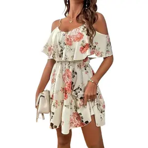 Women's Floral Print Ruffle Trim A Line Spaghetti Strap Dress, Casual Boho Chic Butterfly Sleeve Adjustable Strap Short Dress for Daily Vacation Wear, Ladies Dress for Summer, Womenswear, Boho Clothes Women Bohemian Shortsleeve Fitted