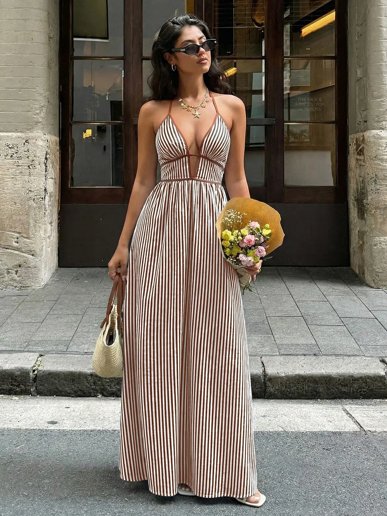 Women's Chic Casual Striped Print Halter Maxi Dress - Deep V-Neck, Waist Cinch, Breathable Fabric, Backless Cami, Summer Vacation Wear