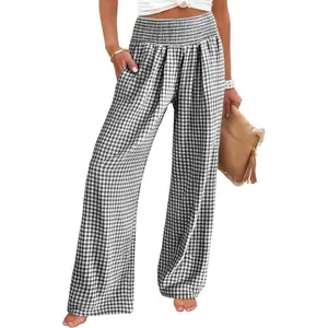 Women's wide-leg pants, plaid style, suitable for home leisure, cute pajama pants, high-waisted design with pockets