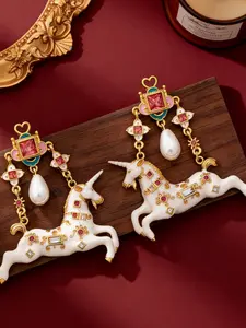 Vintage Unicorn Pendant Earrings, Antique Heavy Enamel Pearl Embellished Earings, Casual Party Accessories, Street Style, All Seasons