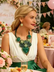 Mother's Day Gift Elegant Evening Gown Accessories Olive Heart Pendant Necklace Earrings Matching Jewelry Set, Party Style Colorblock Design