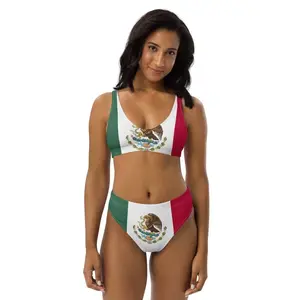 Meixco Babe Caribbean Island Girl Recycled 2-piece Swimsuit Island Life Mexico Flag Mexican Pride High-Waisted, Women High Waisted Bikini Set Mexico Flag Print Swimsuit Cinco de Mayo Beach Festival Two Piece Bathing Suit Mexican Pride Swimwear Comfy