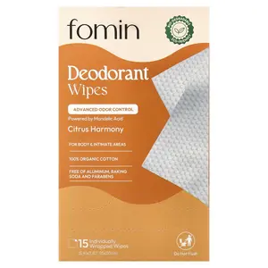fomin Deodorant Wipes, Citrus Harmony, 15 Individually Wrapped Wipes