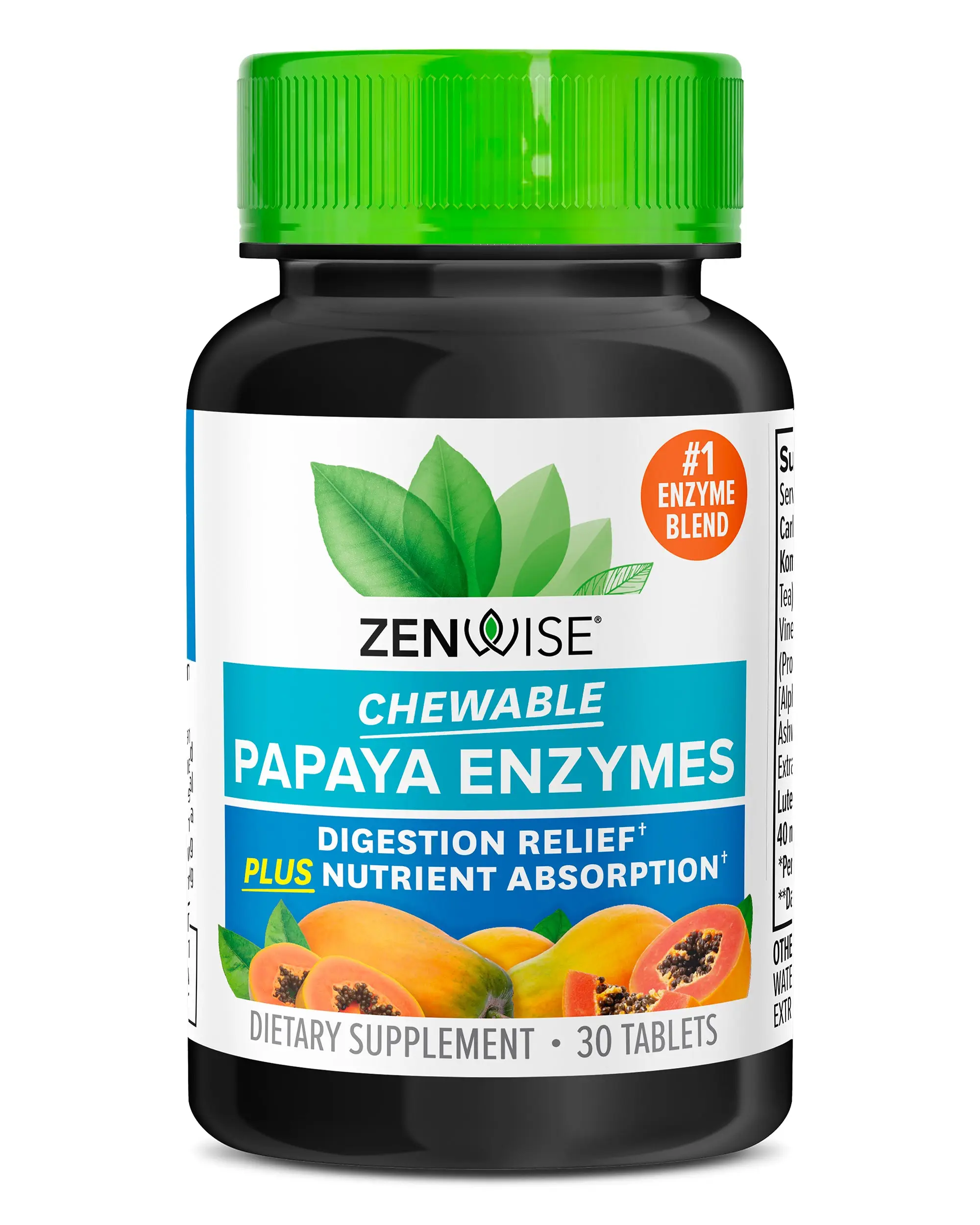 Zenwise Chewable Papaya Enzymes Digestion Relief & Nutrient Absorption 30 Tablets Plant-Powered Supplement for Digestive Health