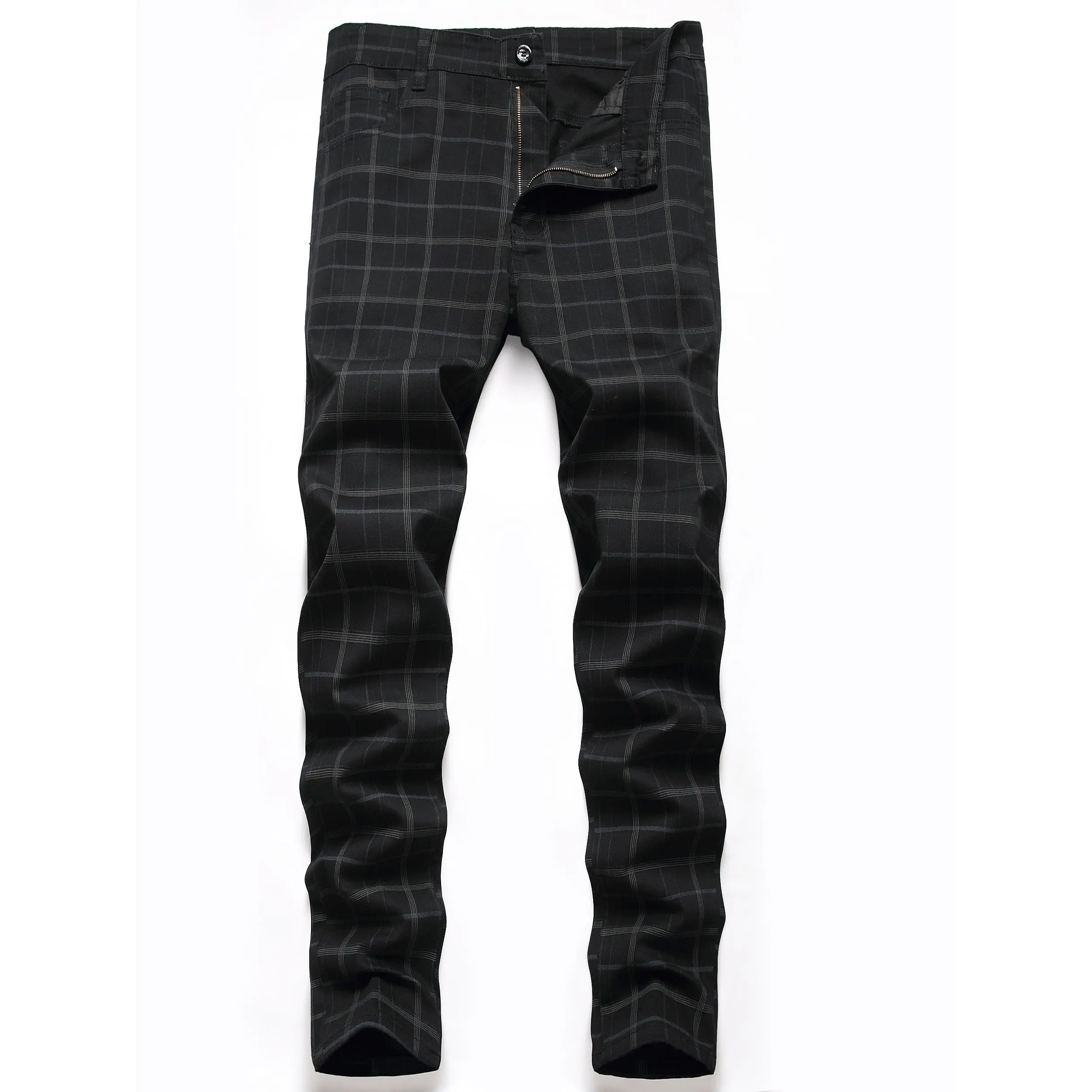 Stretch Slim Fit Men's Plaid Chinos Flat-Front Casual Skinny Dress Pants