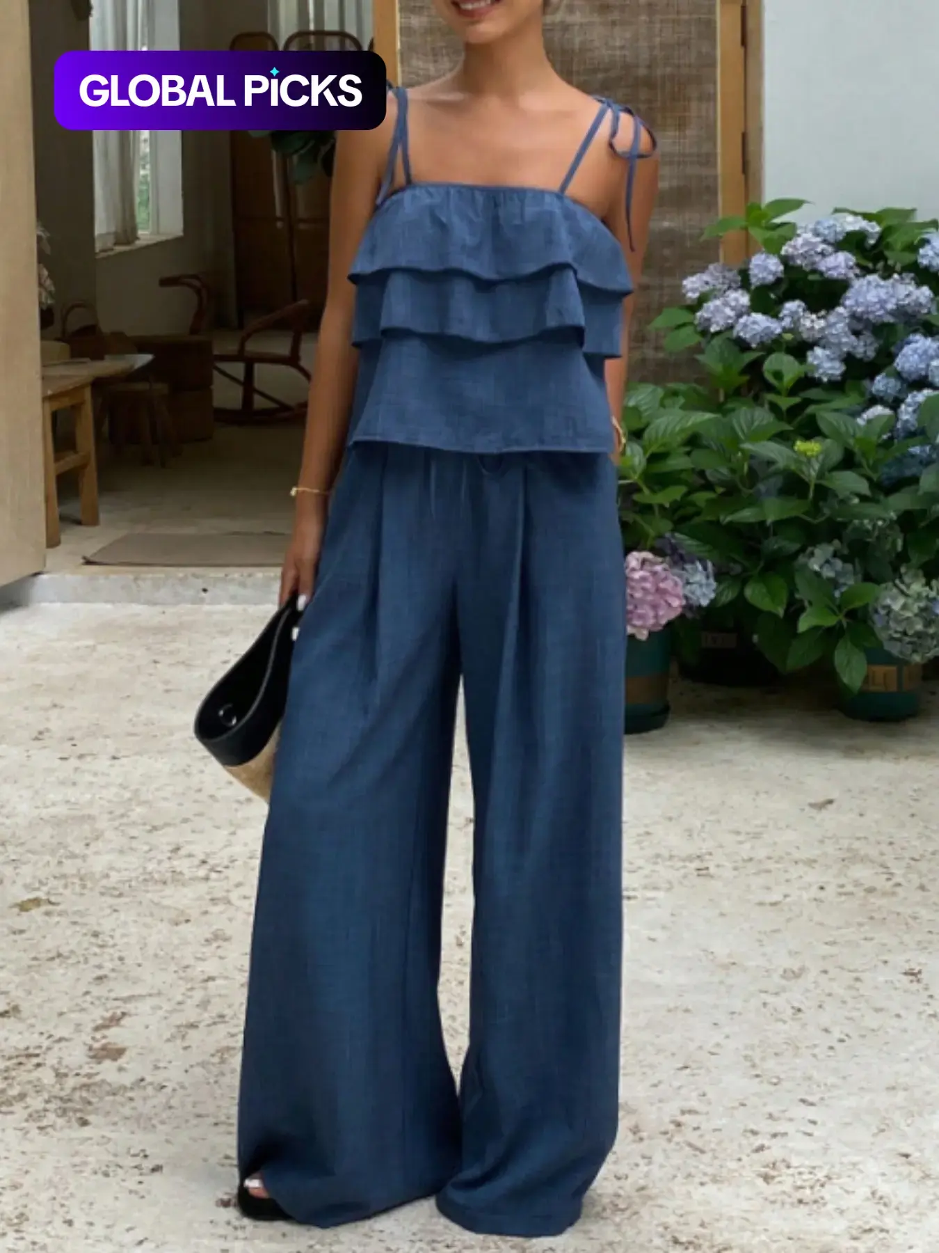 Women's Two-Piece Set, Womenswear, Sleeveless Ruffles Top & Loose Fit Long Pants, Spring Summer Casual Minimalist, High-Waisted Wide-Leg Design