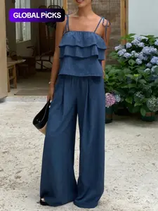 Women's Two-Piece Set, Womenswear, Sleeveless Ruffles Top & Loose Fit Long Pants, Spring Summer Casual, High-Waisted Wide-Leg Design
