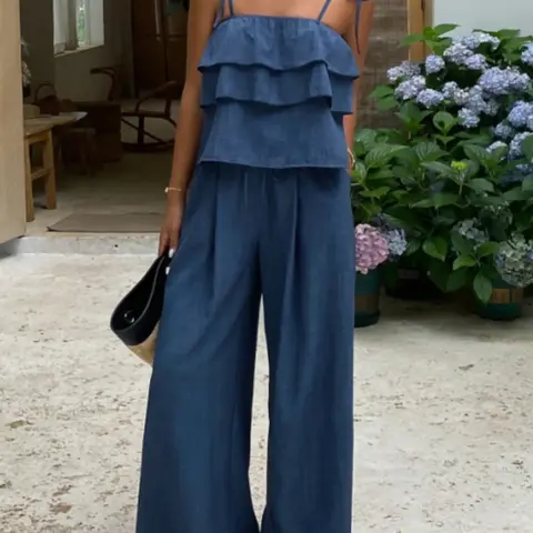 Women's Two-Piece Set, Womenswear, Sleeveless Ruffles Top & Loose Fit Oversized Long Pants, Spring Summer Casual Minimalist, High-Waisted Wide-Leg Design, Two Pieces Outfits