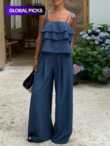 Women's Two-Piece Set, Sleeveless Top & Loose Long Pants, Spring Summer Casual, High-Waisted Wide-Leg Design