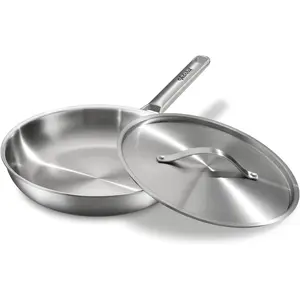12 Inch Stainless Steel Frying Pan with Lid, Fully Clad Tri-Ply Stainless Steel Skillet for Even Heating, Brushed Finish, Dishwasher & Oven Safe, Compatible with Induction & All Stovetops