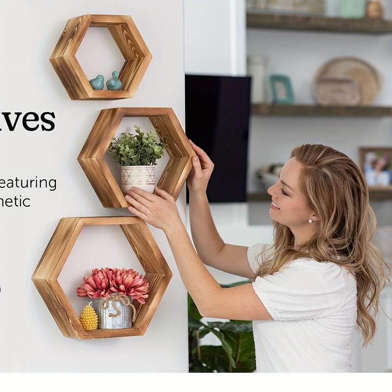 3pcs Hexagonal Floating Wall Shelf, Wall Mount Design, Available in Large, Medium, and Small Sizes - Wooden Hexagon Storage Rack Suitable for Home - Driftwood Decorative Wall Art - Gift for Home Decor Enthusiasts