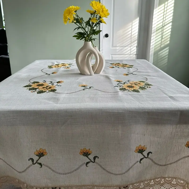 Lace Embroidered Table Cloth - Floral Design with Lace Trim, White Color, Ideal for Dining and Home Decor waterproof
