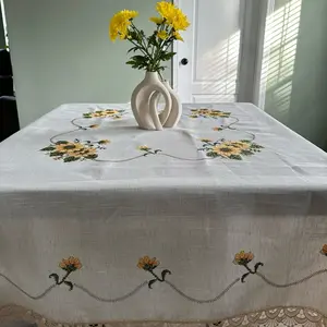 Lace Embroidered Table Cloth - Floral Design with Lace Trim, White Color, Ideal for Dining and Home Decor waterproof