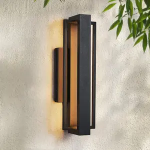 Double Square Frame Outdoor LED Wall Light, 15 Inch Textured Black Wall Sconce, Sleek Modern Light Fixture, Integrated LED 3000K 16W, Outside Lights for Patio, Porch, Front Door or Garage