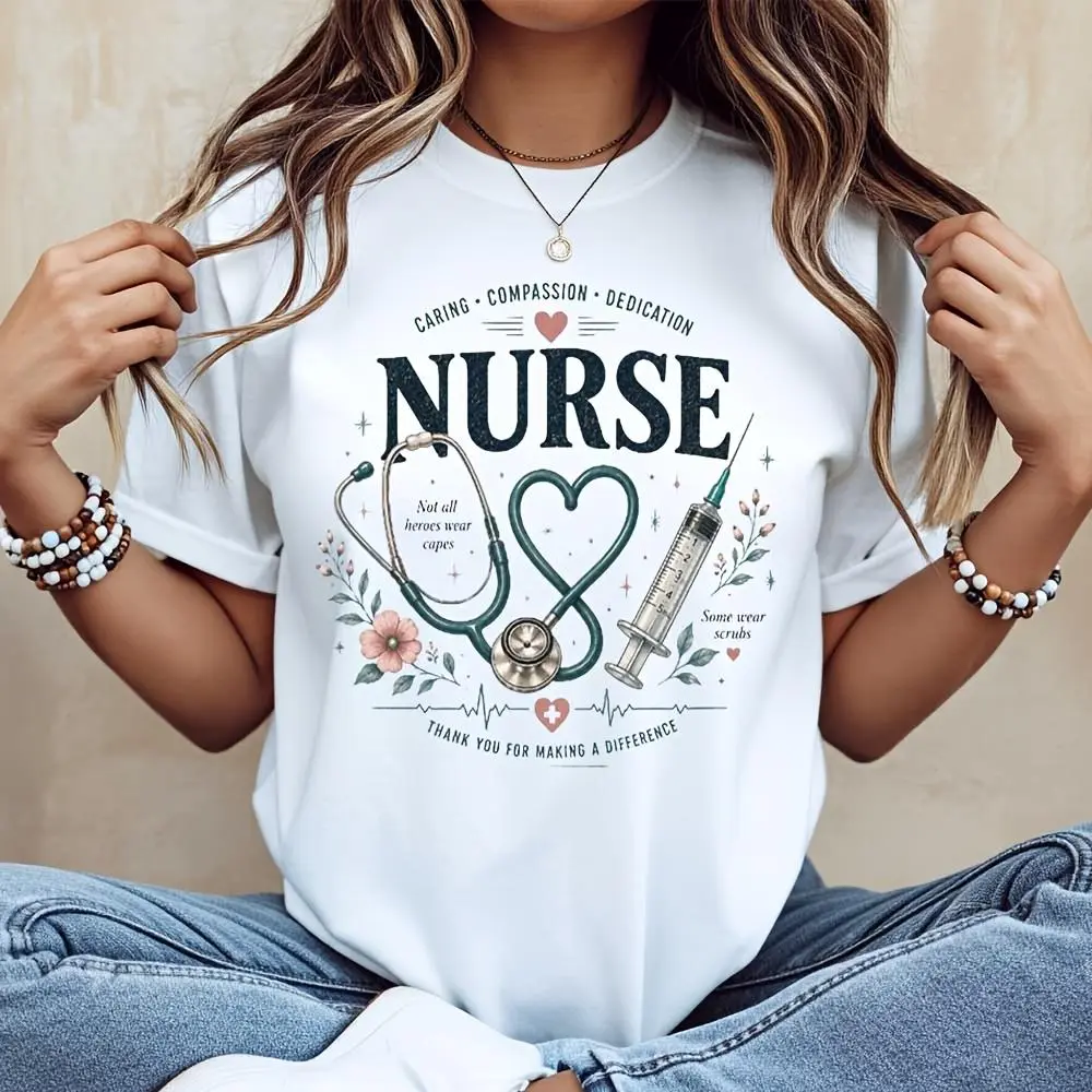 Nurse Stethoscope Heart Syringe Floral Print T-Shirt, Nursing Appreciation Gift, Hospital Work Wear