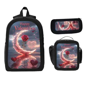 Valentine's Day Moon and Rose Pattern Backpack Set - Student Backpack, Pencil Case, Lunch Bag - Stylish & Practical Gift for Students