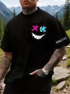 Men's Short Sleeve 3D Smiley Face T-Shirt, Fashion Color Block Round Neck Tee, Casual Slim Fit Jersey for All Seasons