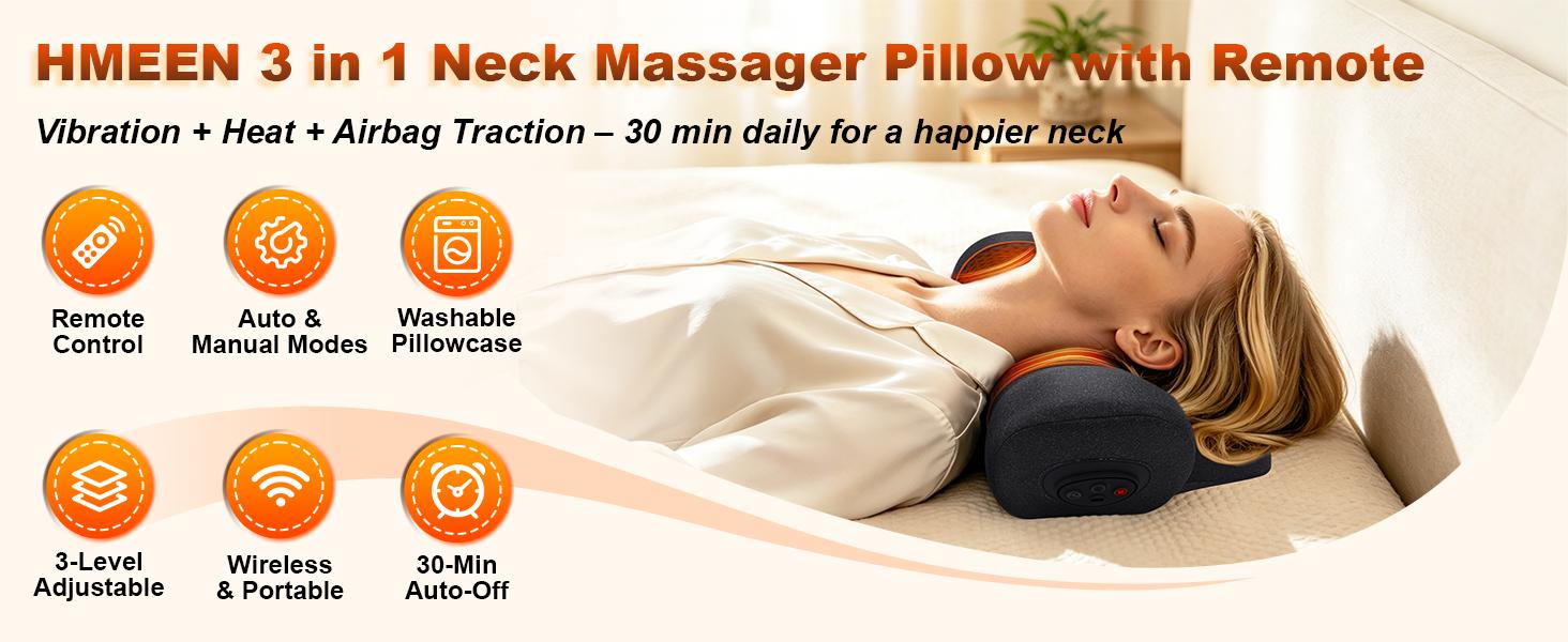 3-in-1 Multi-Function Rechargeable Remote-Controlled Heated Memory Foam Neck Traction Pillow - 2500mAh, Vibration Massage, Airbag Traction for Pain Relief, Travel Comfort, Neck Support (Personal Care Massage Device)