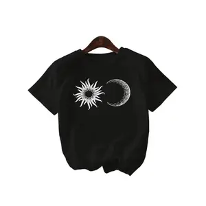 Casual Outdoor Women's T-Shirt – Lightweight Cotton, Round Neck, Sun & Moon Print for Active Days