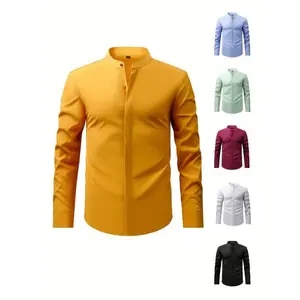 [Elegant Stand Collar Shirt] 1pc Elegant Long Sleeve Shirt  Comfortable- Button Detail, Menswear Top Formal Attire Wetsuit Fabric Stretch Fancy White