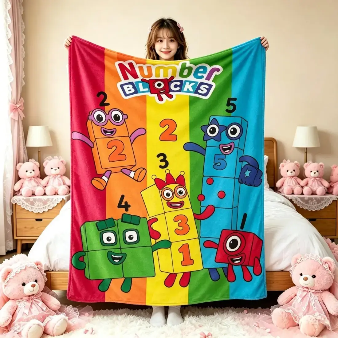 Numberblocks Rainbow Flannel Throw Blanket, Educational Cartoon Numbers 1–5 Print Blanket, Soft, Warm All-Season Cover for Home, Travel, and Office, Perfect Educational Gift for Birthdays and Holidays for Toddlers and Children