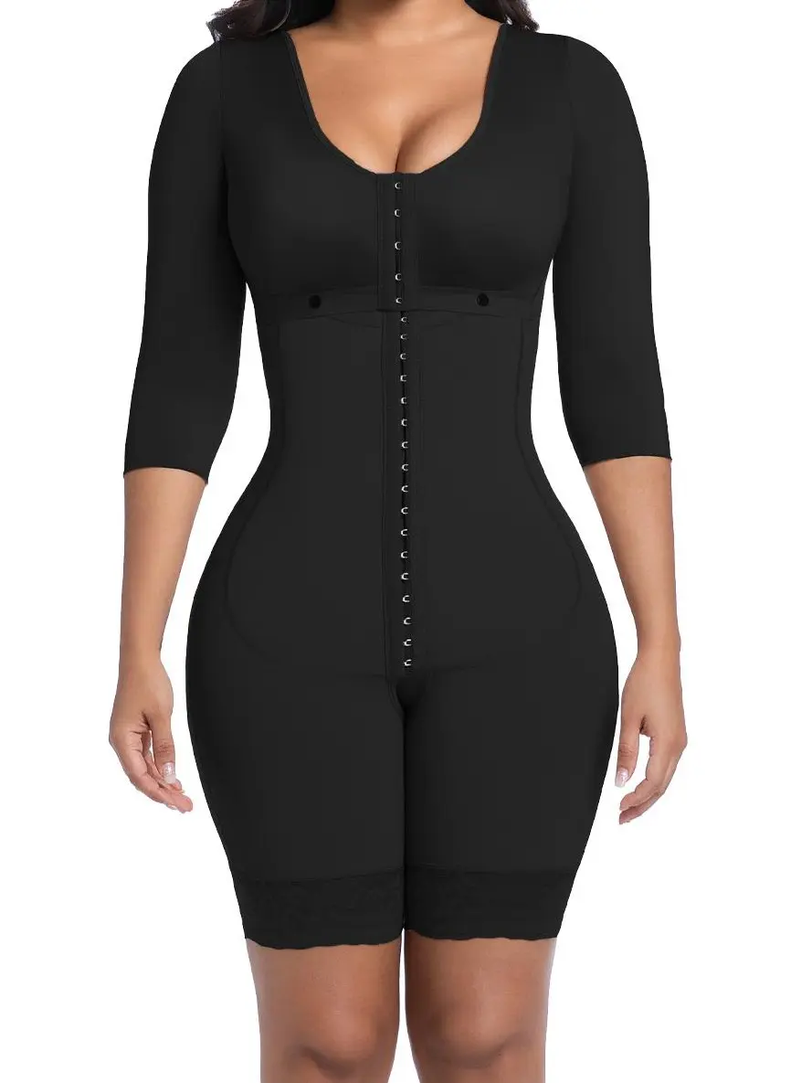 Women's 3/4 Sleeve Soft Knit Colombian Fajas Shapewear Bodysuit - Front Button, Double Buckle Adjustable Waist Trainer, Tummy Control, Body Contouring, Arm Shaping, Abdominal, BBL Effect, Arm Shaping Shapewear Bodysuit