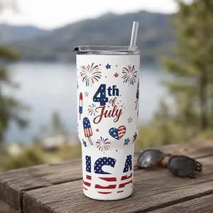 Patriotic USA Skinny Tumbler - 4th of July Coffee Travel Mug, American Flag Design, Red White Blue Fireworks Independence Day Gift