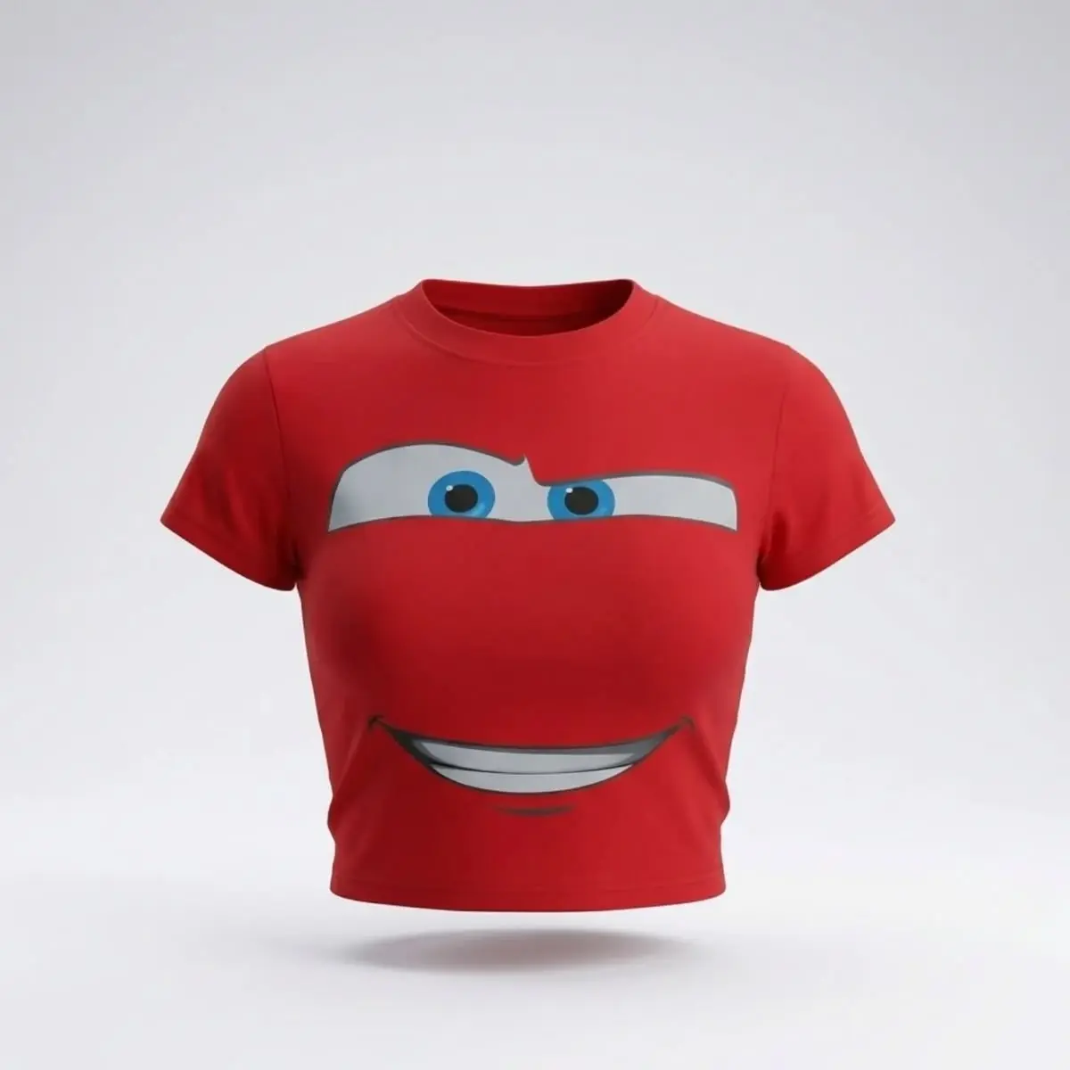 Y2K Aesthetic Cartoon Race Car Face Baby Tee Vibrant Red Graphic Crop Top Soft Breathable Cotton Blend Retro Nostalgia Coquette Streetwear Short Sleeve Fitted Top Viral Gift