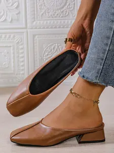 Women's summer outdoor closed-toe slides, comfortable versatile chunky low heel genuine leather slip-on mules