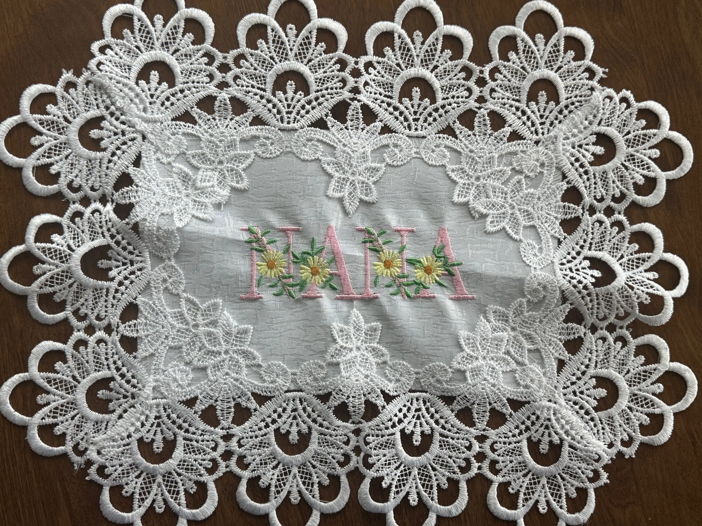 Vintage-Inspired Soft Machine-Stitched Embroidered White Rectangle Doily - 12x16 In 'NANA' Floral Design, Custom Options, Rustic Dresser Decor Gift for Birthday