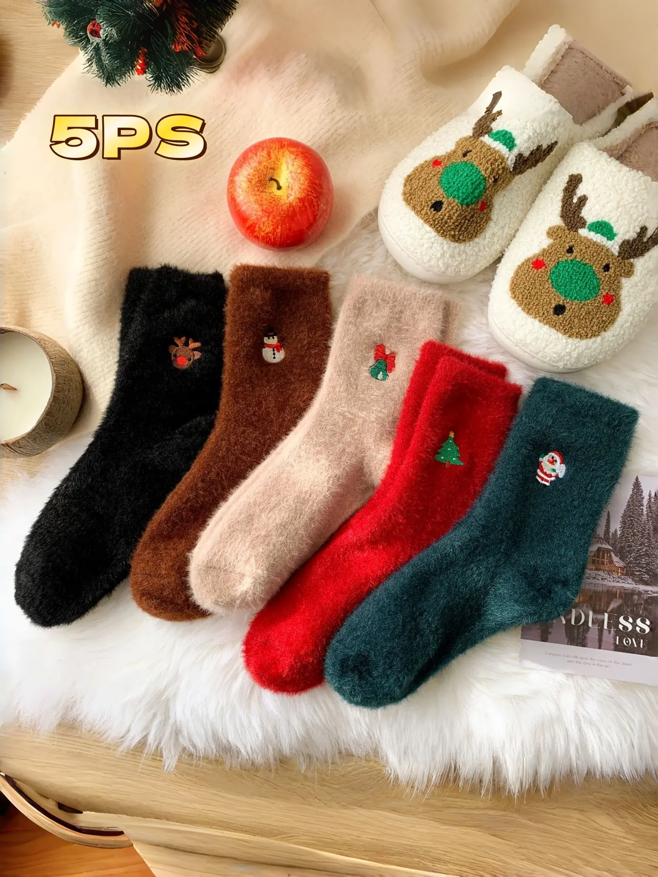 Women's Winter Warm Soft Comfy Socks Set, Embroidered Plush Christmas Design, Snowman Santa Claus Elements, Perfect Gift for New Year & Xmas