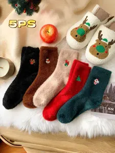 Women's Winter Warm Soft Comfy Socks Set, Embroidered Plush Christmas Design, Snowman Santa Claus Elements, Perfect Gift for New Year & Xmas
