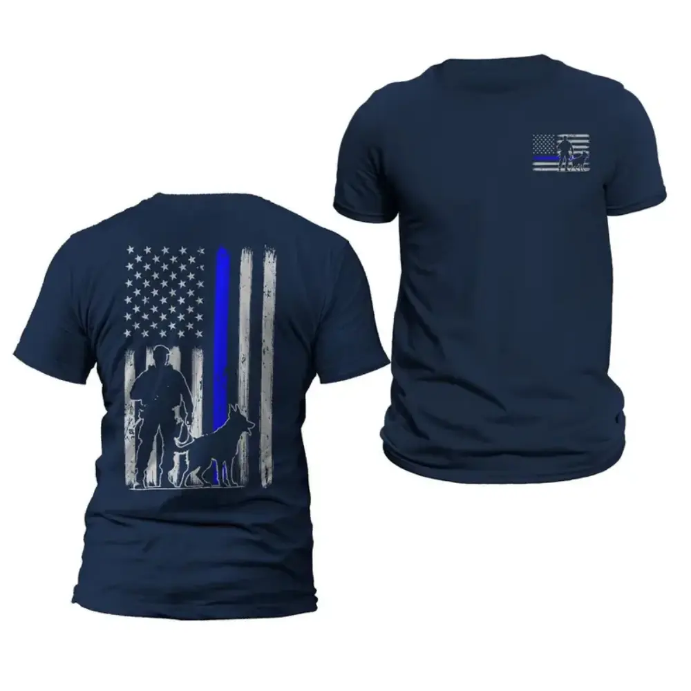 Thin Blue Line K9 T-Shirt, Police Dog Silhouette American Flag Print, Patriotic Support Tee, Unisex Honor Shirt for Law Enforcement Families