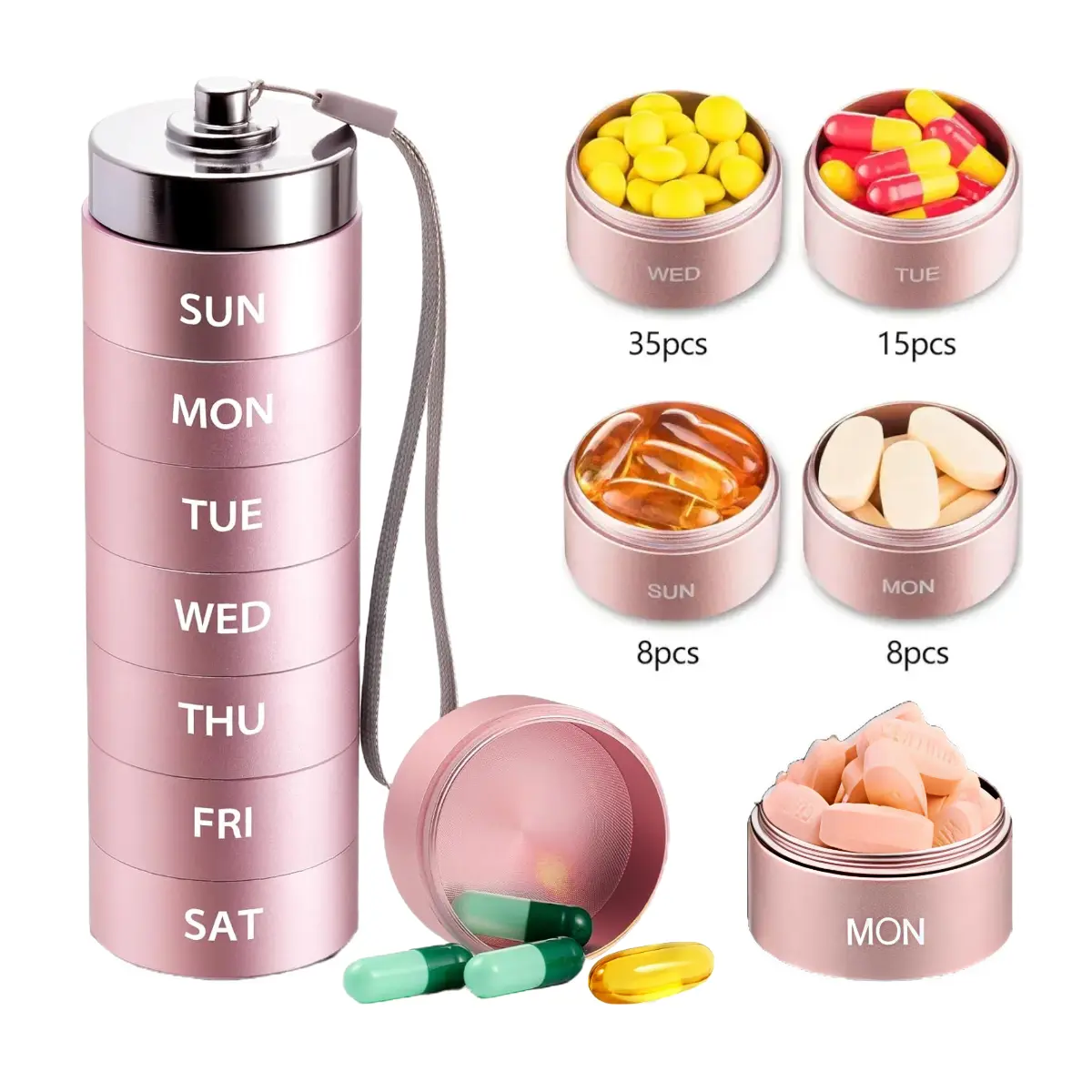 Daily Vitamin Organizer, 7 Day Stackable Aluminum Pill Case with Deep Detachable Compartments for Capsules, Tablets and Weekly Supplement Routines【Summer Deals】