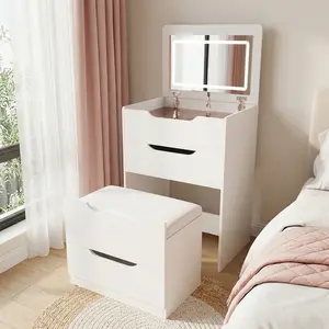 3-in-1 Vanity Table with Flip-Top Mirror,Compact Dressing Table featuring a Clear Glass Desktop, 3 Drawers, and a Hidden Stool,Space-Saving Design for the Bedroom (White)