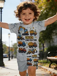 Construction Car Print Pajamas Set, Excavator Mixer Truck Pattern Baby Breathable Short Sleeve Two-Piece, Casual Toddler Clothing